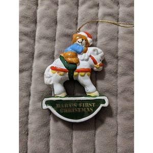 Vintage Ceramic Teddy Bear ON Horse Baby's FIRST Christmas Ornament